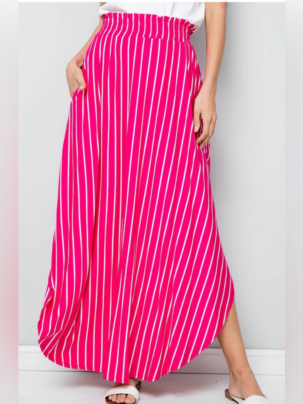 Sweet Lovely Hot Pink White Vertical Stripe Knit Jersey Maxi Skirt Pockets S